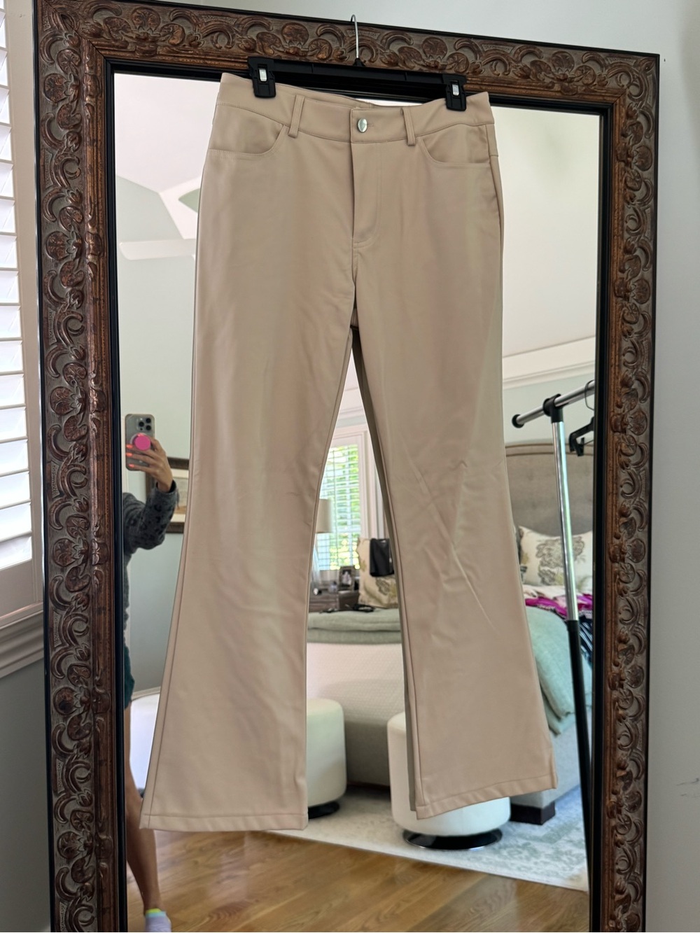 Women's Vegan Leather Flare Pants - Beige